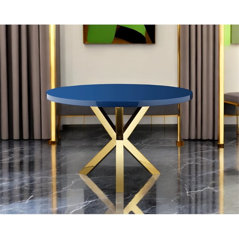 Pangea Home Remi Modern Lacquer & Polished Steel Metal Dining Table in Navy/Gold