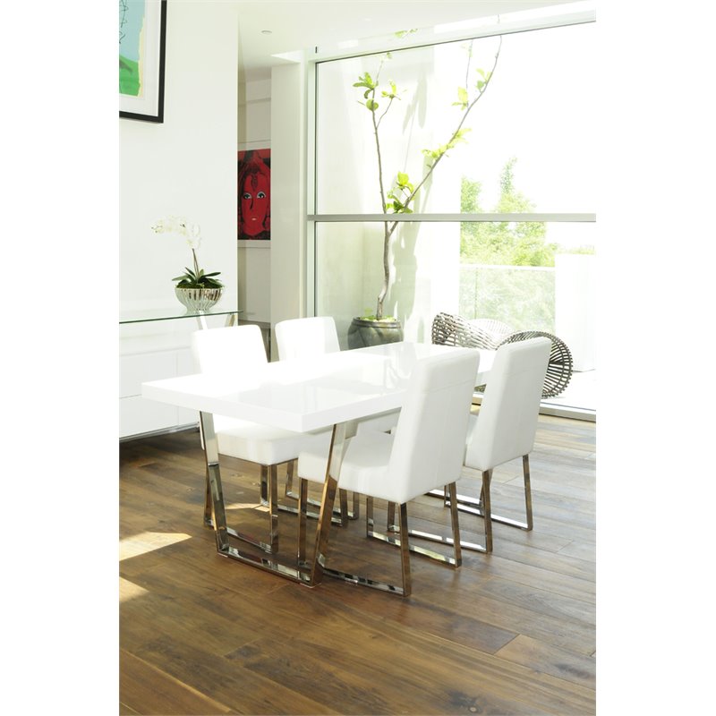 Pangea Home Sienna Gloss Lacquer & Polished Steel Metal Dining Table in White