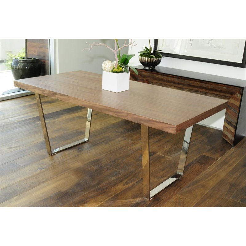 Pangea Home Sienna Modern Wood Veneer & Polished Steel Dining Table in Walnut
