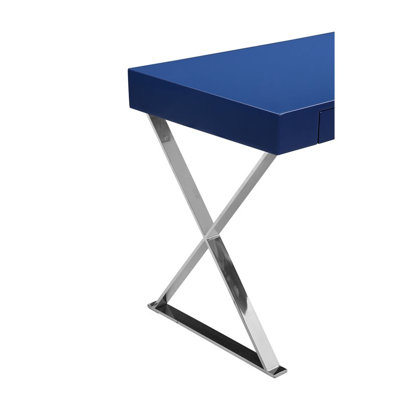Pangea Home Alexa Modern Gloss Lacquer & High Polished Steel Metal Desk in Navy