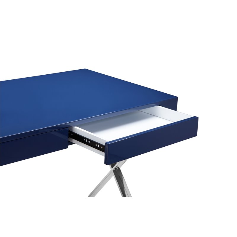 Pangea Home Alexa Modern Gloss Lacquer & High Polished Steel Metal Desk in Navy