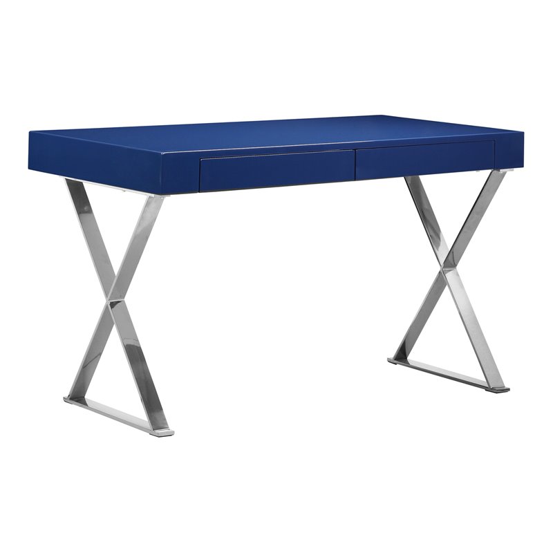 Pangea Home Alexa Modern Gloss Lacquer & High Polished Steel Metal Desk in Navy