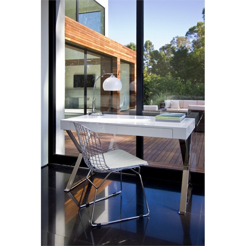 Pangea Home Alexa Modern Gloss Lacquer & High Polished Steel Metal Desk in White
