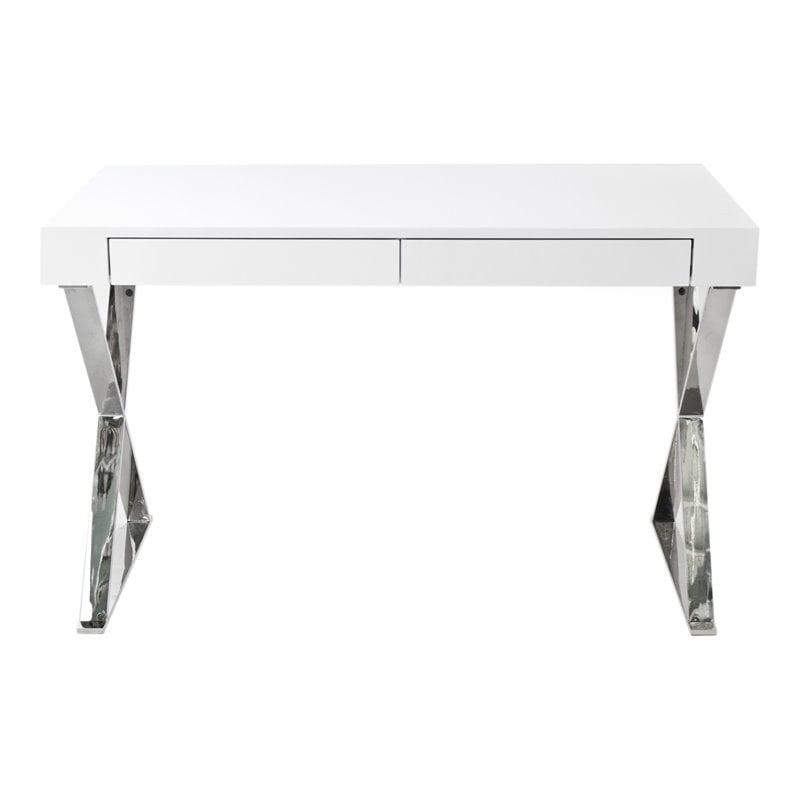 Pangea Home Alexa Modern Gloss Lacquer & High Polished Steel Metal Desk in White