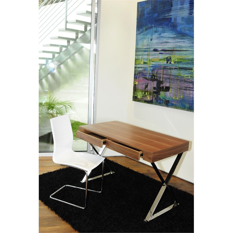 Pangea Home Alexa Modern Wood Veneer & High Polished Steel Desk in Walnut