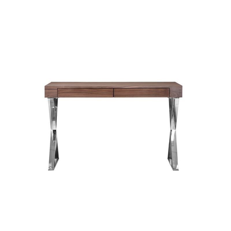 Pangea Home Alexa Modern Wood Veneer & High Polished Steel Desk in Walnut