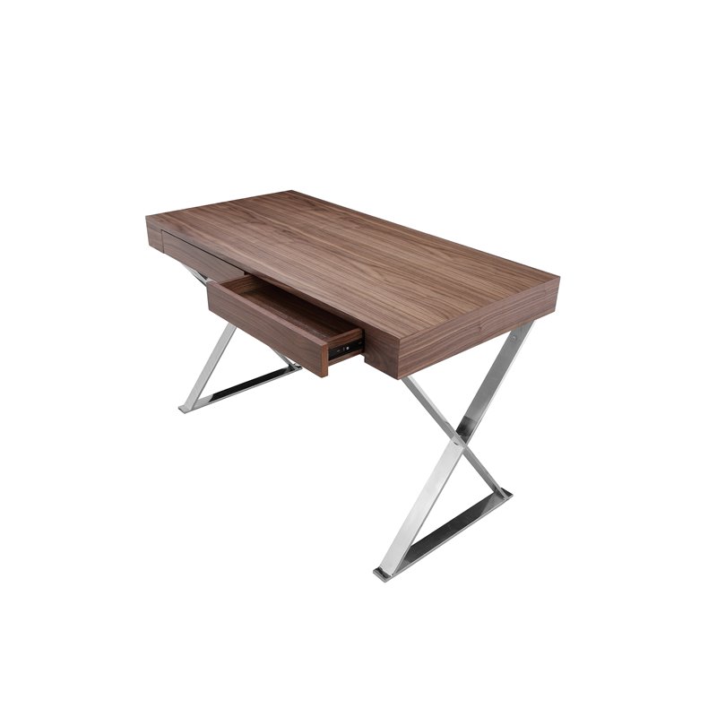 Pangea Home Alexa Modern Wood Veneer & High Polished Steel Desk in Walnut