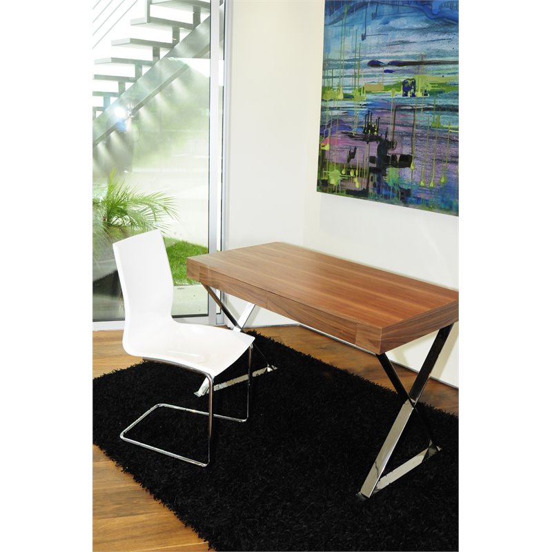 Pangea Home Alexa Modern Wood Veneer & High Polished Steel Desk in Walnut