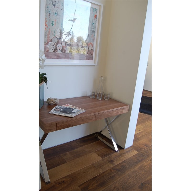 Pangea Home Alexa Modern Wood Veneer & High Polished Steel Desk in Walnut