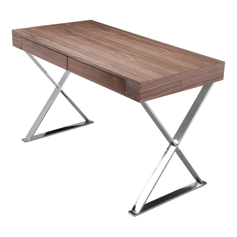 Pangea Home Alexa Modern Wood Veneer & High Polished Steel Desk in Walnut