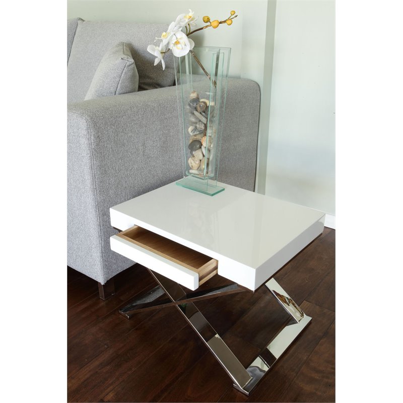 Pangea Home Alexa Gloss Lacquer & High Polished Steel Metal Side Table in White