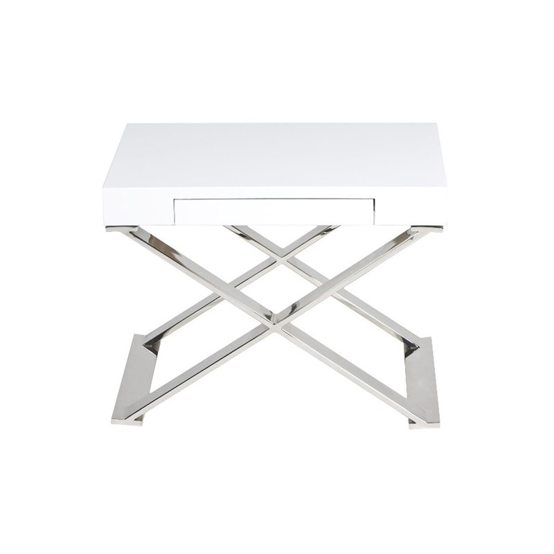 Pangea Home Alexa Gloss Lacquer & High Polished Steel Metal Side Table in White