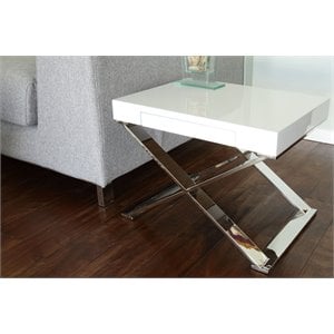 Pangea Home Alexa Gloss Lacquer & High Polished Steel Metal Side Table in White