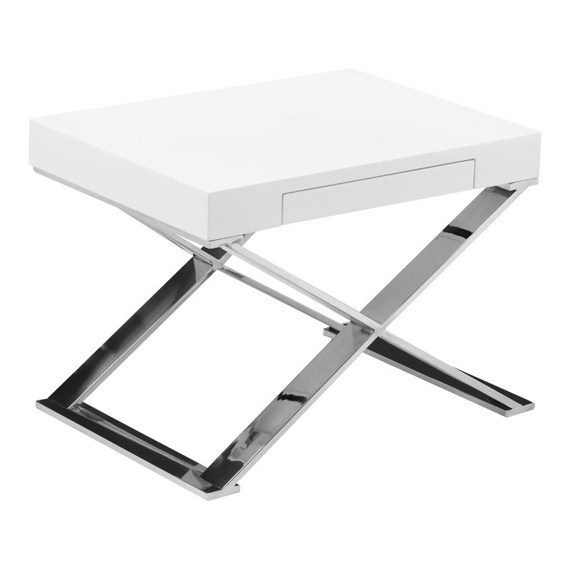 Pangea Home Alexa Gloss Lacquer & High Polished Steel Metal Side Table in White