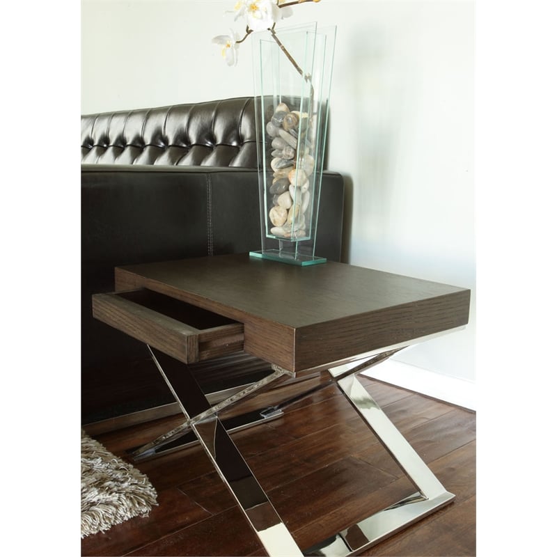 Pangea Home Alexa Modern Wood Veneer & Polished Steel Side Table in Espresso