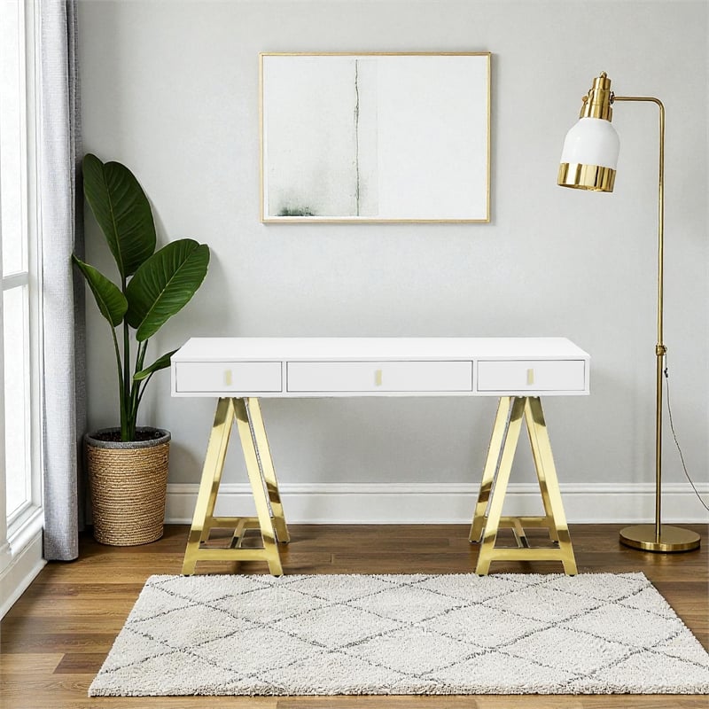 Pangea Home Riley Modern Lacquer & Steel Metal Desk in White/Gold