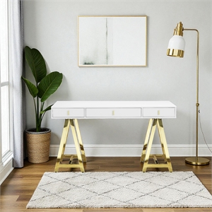 Pangea Home Riley Modern Lacquer & Steel Metal Desk in White/Gold
