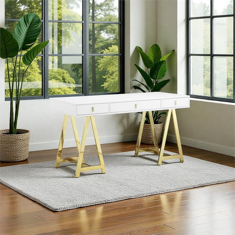 Pangea Home Riley Modern Lacquer & Steel Metal Desk in White/Gold