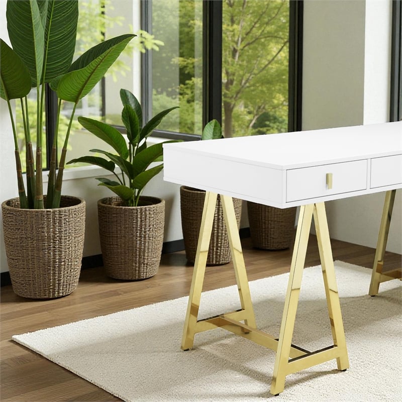 Pangea Home Riley Modern Lacquer & Steel Metal Desk in White/Gold