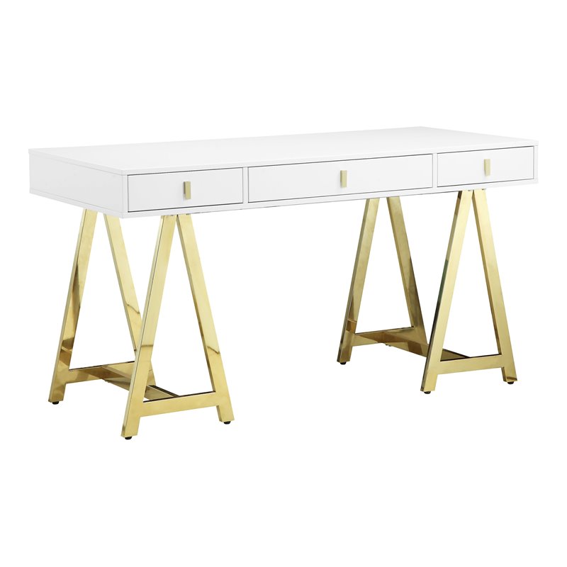 Pangea Home Riley Modern Lacquer & Steel Metal Desk in White/Gold