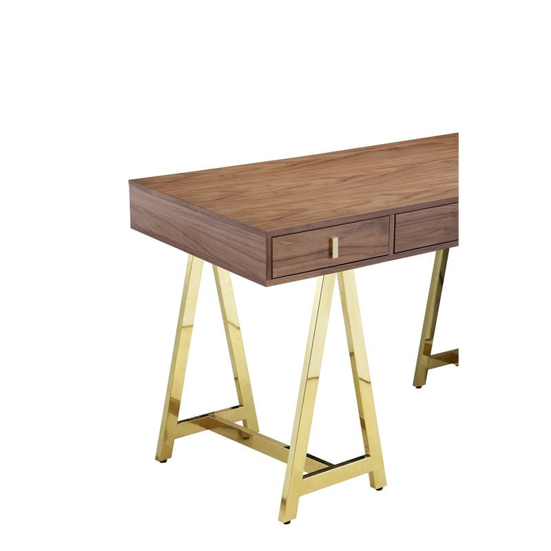 Pangea Home Riley Modern Wood Veneer and Steel Desk in Walnut/Gold