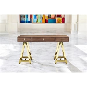 Pangea Home Riley Modern Wood Veneer and Steel Desk in Walnut/Gold