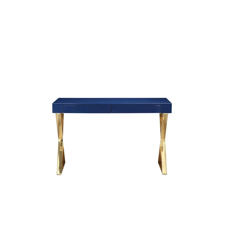 Pangea Home Alexa Gloss Lacquer & High Polished Steel Metal Desk in Navy/Gold