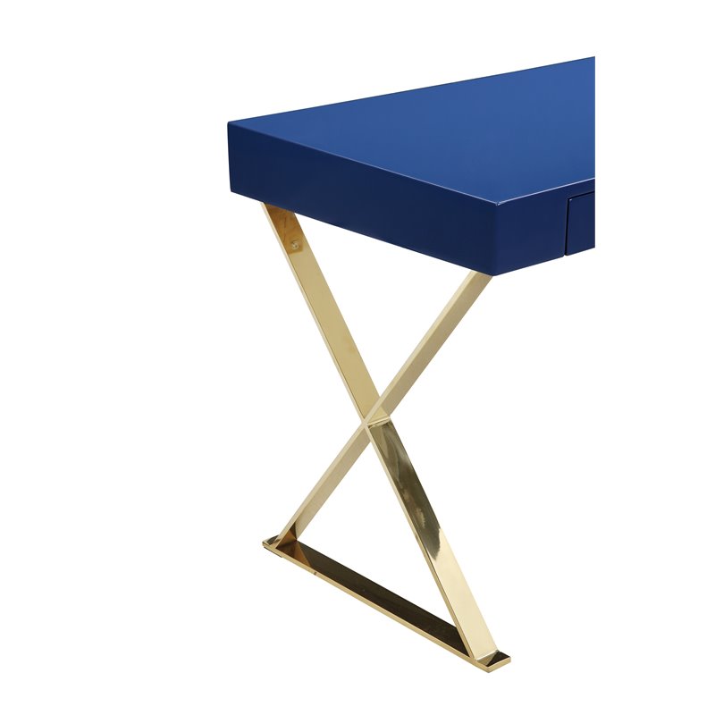 Pangea Home Alexa Gloss Lacquer & High Polished Steel Metal Desk in Navy/Gold