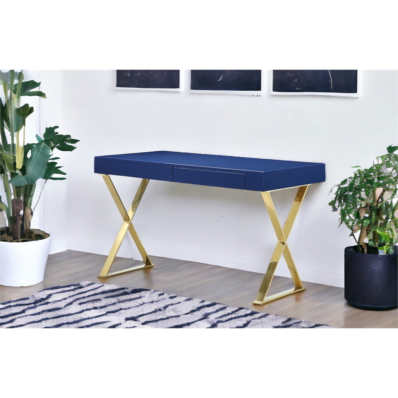 Pangea Home Alexa Gloss Lacquer & High Polished Steel Metal Desk in Navy/Gold