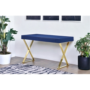 Pangea Home Alexa Gloss Lacquer & High Polished Steel Metal Desk in Navy/Gold