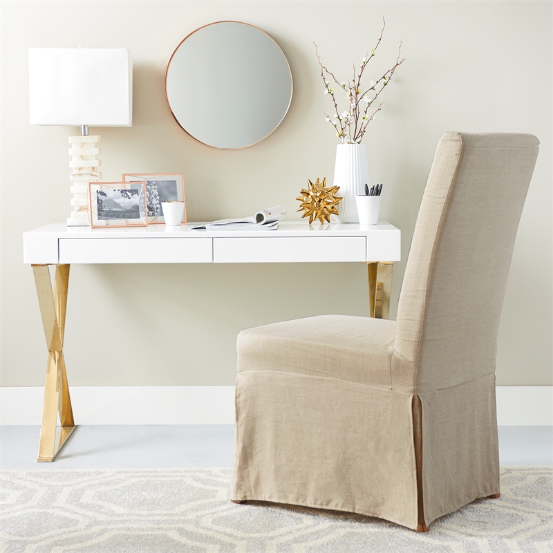 Pangea Home Alexa Gloss Lacquer & High Polished Steel Metal Desk in White/Gold