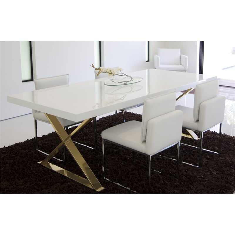 Pangea Home Alexa Lacquer & High Polished Steel Metal Dining Table in White/Gold