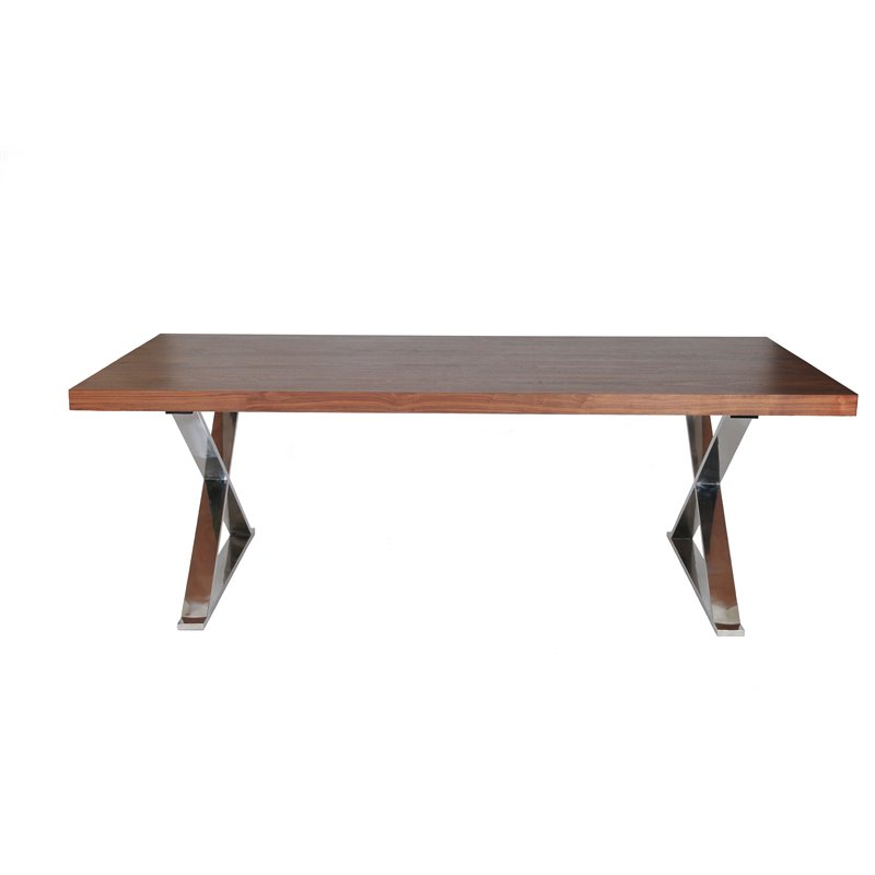 Pangea Home Alexa Modern Wood Veneer & Polished Steel Dining Table in Walnut