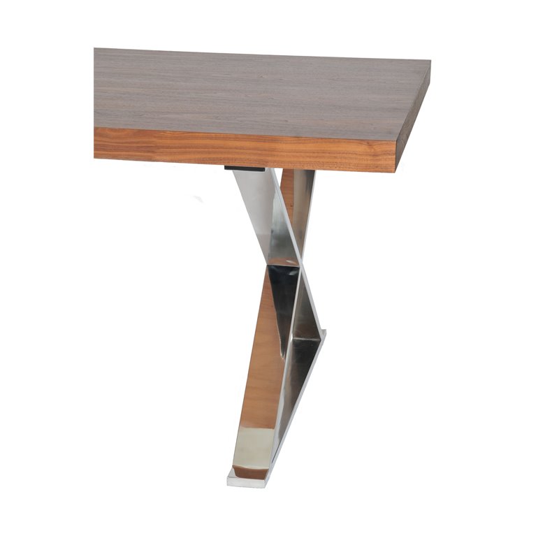 Pangea Home Alexa Modern Wood Veneer & Polished Steel Dining Table in Walnut