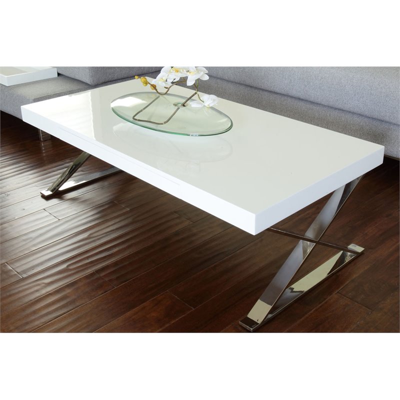 Pangea Home Alexa Gloss Lacquer & Polished Steel Metal Coffee Table in White