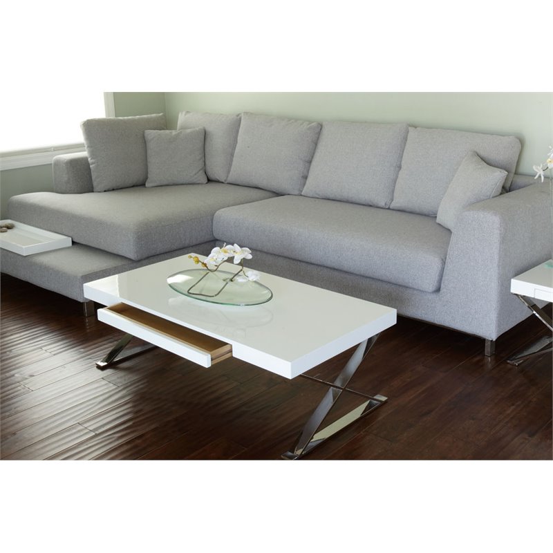 Pangea Home Alexa Gloss Lacquer & Polished Steel Metal Coffee Table in White