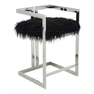 Pangea Home Kenzie 23.6&quot Stainless Steel & Faux Fur Counter Stool in Black
