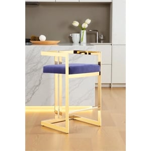 Pangea Home Kenzie 23.6&quot Velvet/Steel Counter Stool in Navy/Gold