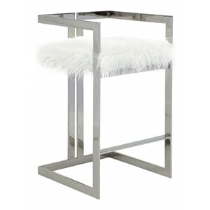 Pangea Home Kenzie 27.5&quot Stainless Steel & Faux Fur Bar Stool in White/Silver