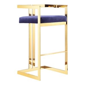 Pangea Home Kenzie 27.5&quot Velvet & Stainless Steel Bar Stool in Navy/Gold