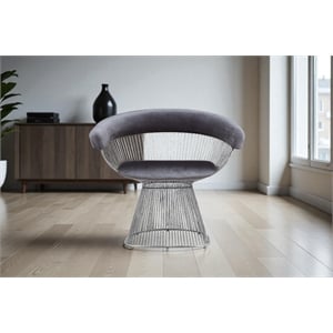 Pangea Home Fern 17.5&quot Modern Stainless Steel & Velvet Arm Chair in Gray/Silver