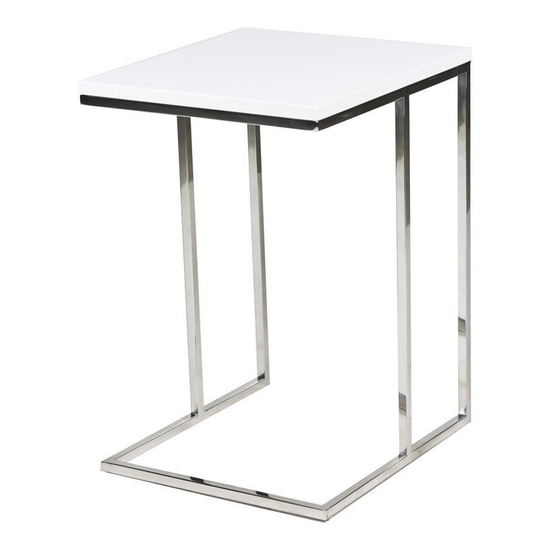 Pangea Home Fred Modern Gloss Lacquer & Polished Steel Metal Tray Table in White