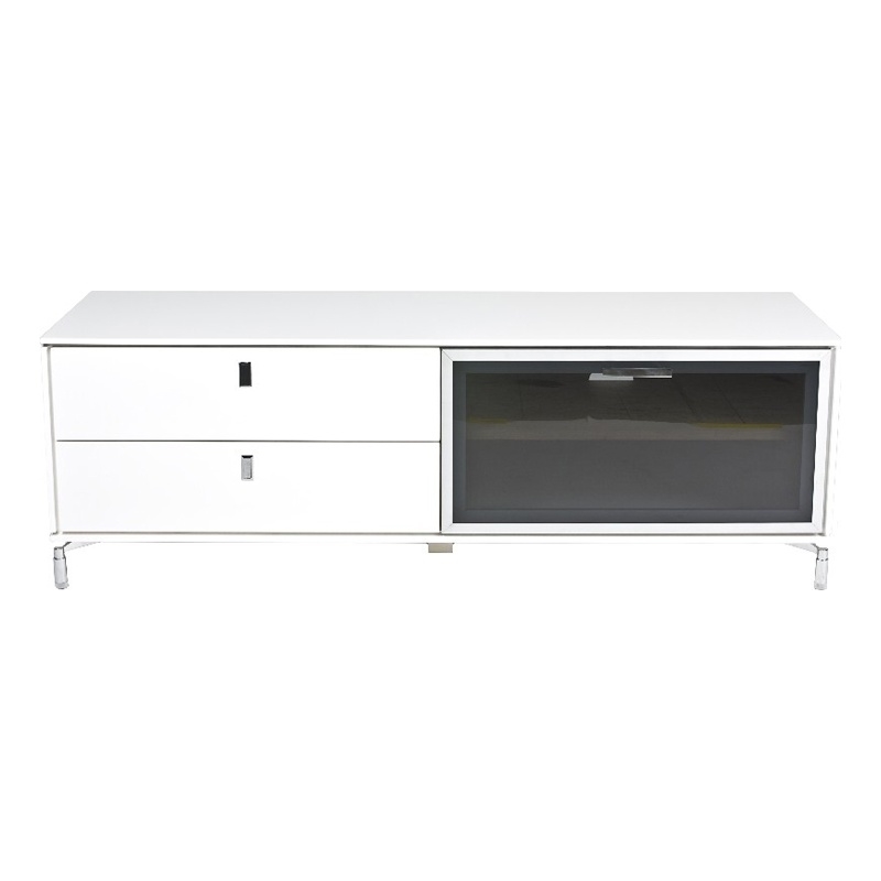 Pangea Home Vida Small Modern Glass & Polished Steel Metal Media Unit in White