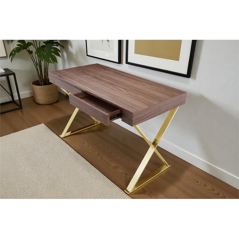 Gold Alexa Desk Walnut Engineered Wood