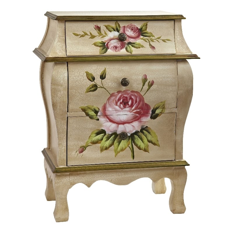 Nearly Natural 3-Drawer Antique Night Stand with Floral Art in Beige