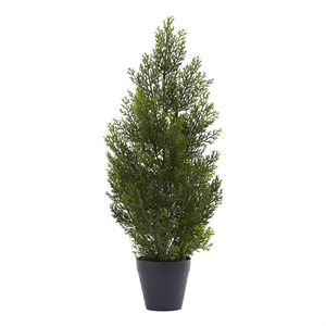 Nearly Natural Indoor/Outdoor 24&quot Mini Cedar Pine Tree in Green/Black
