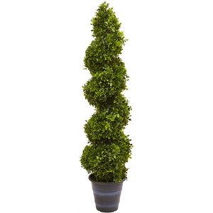 nearly natural indoor/outdoor boxwood spiral topiary with planter in green/gray