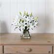 Nearly Natural Lily Silk Arrangement with Glass Vase in White/Clear