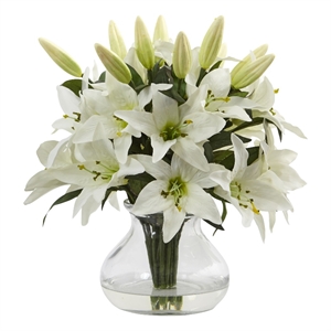 Nearly Natural Lily Silk Arrangement with Glass Vase in White/Clear