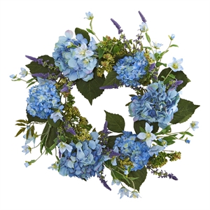 Nearly Natural 24&quot Bright Blue Blooms Hydrangea Wreath with Vibrant Green Leaves